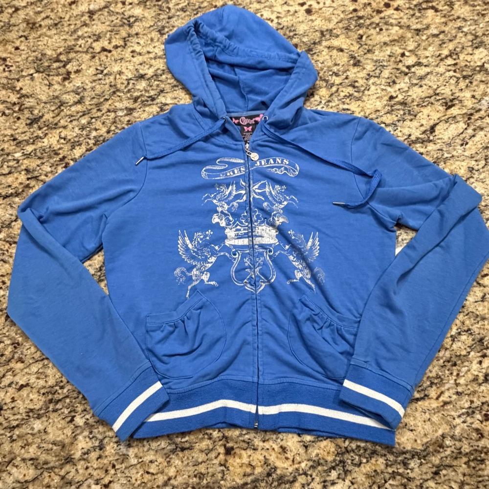 Crest Jeans Womens Blue Y2K Graphic Zip Up Hoodie Pegasus Crown Medium